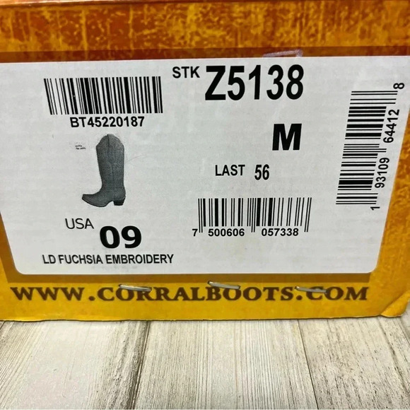 Z5138 Corral Hot Pink Embroidered Snip Toe Western Boot Size 9 New In Box - Picture 11 of 11